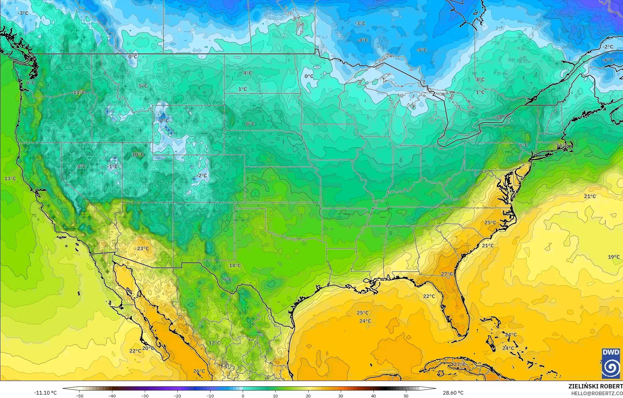 ICON modelo - Estados Unidos, Temperatura a 2 m