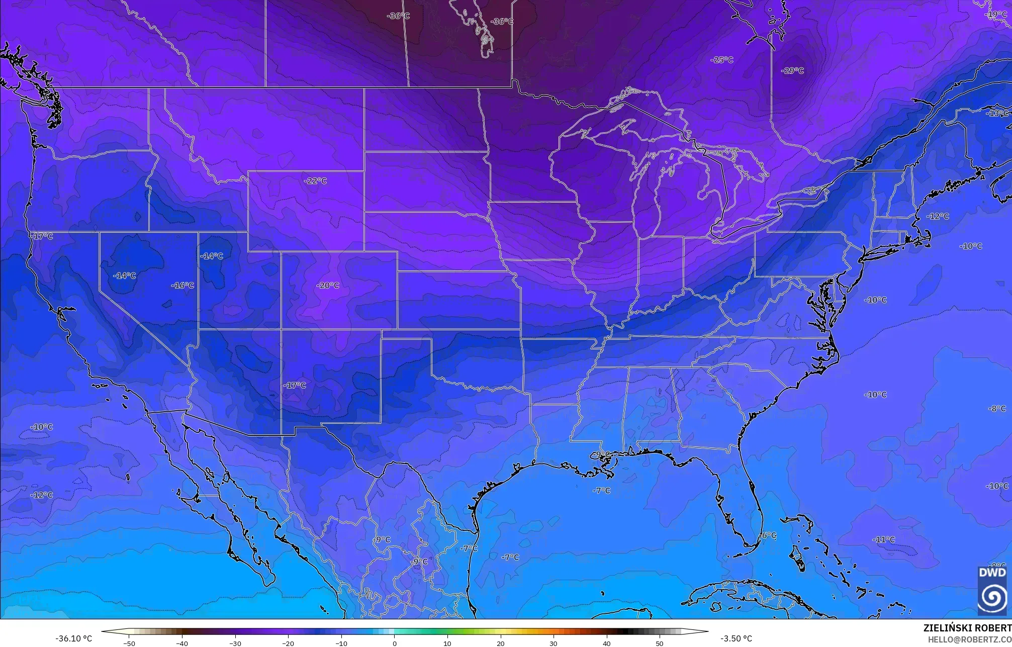 ICON modelo - Estados Unidos, Temperatura a 500 hPa