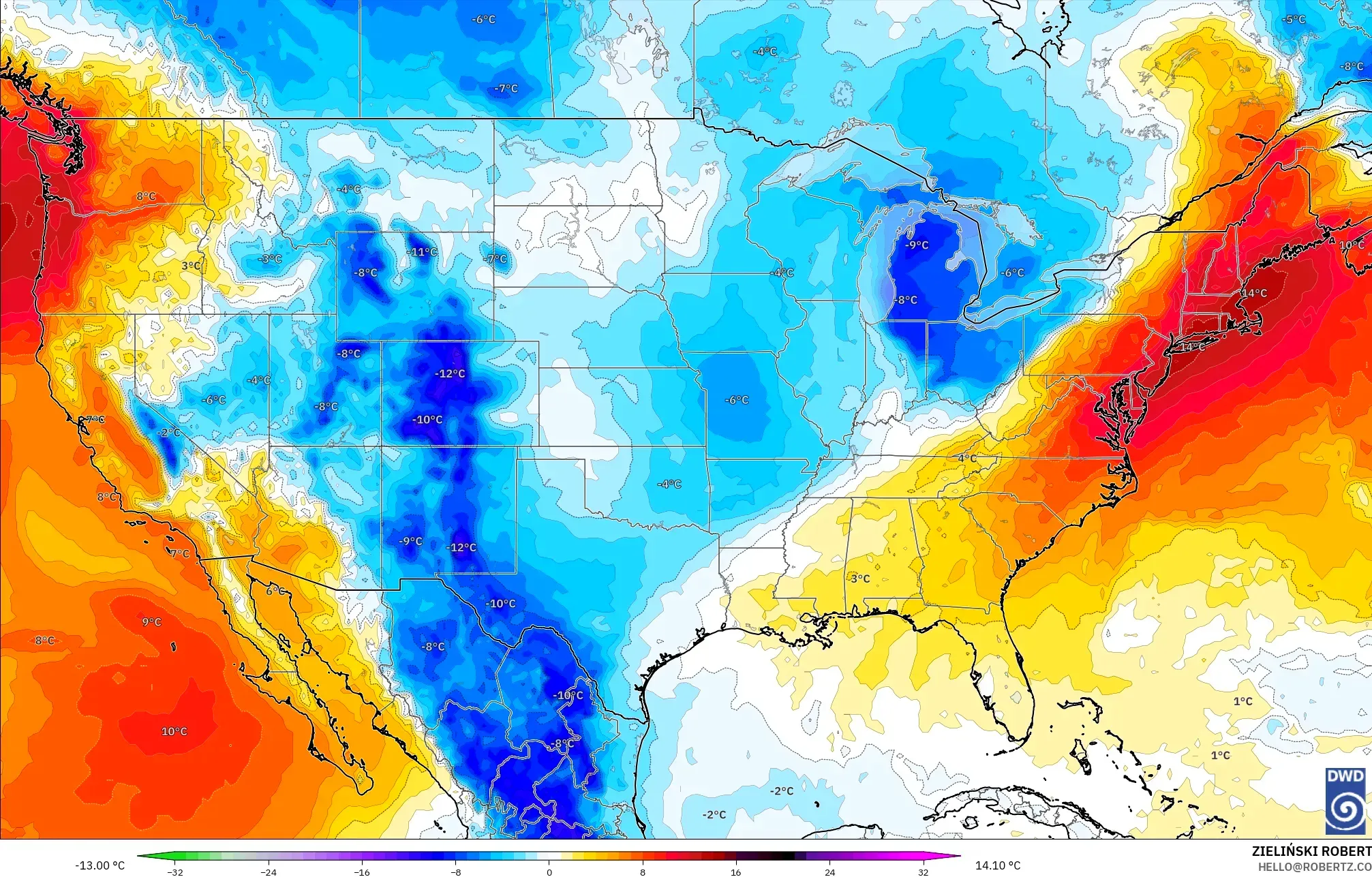 ICON modelo - Estados Unidos, Anomalía de temperatura a 850 hPa