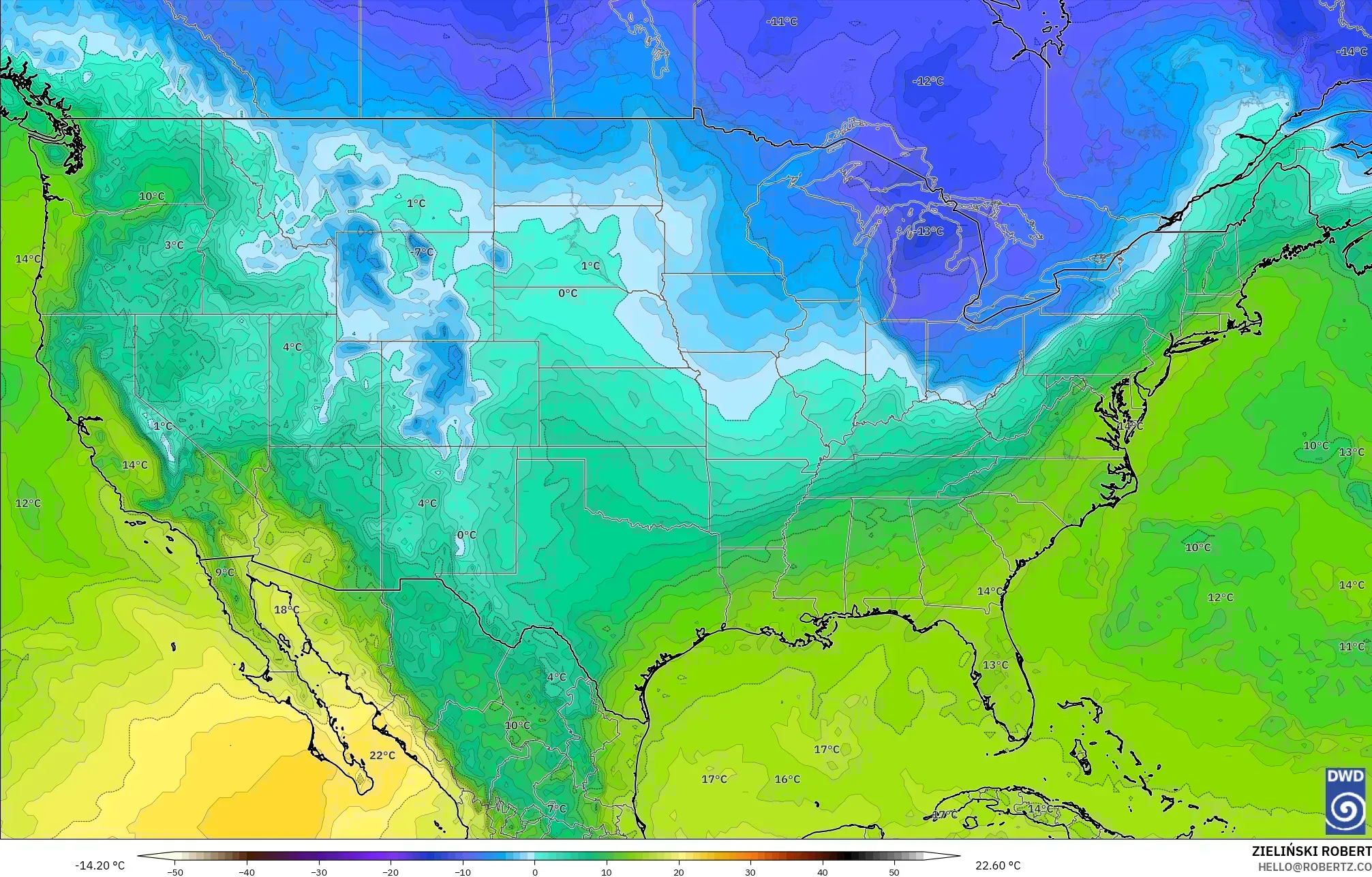 ICON modelo - Estados Unidos, Temperatura a 850 hPa