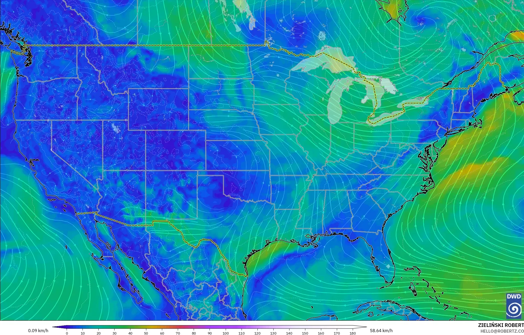 ICON modelo - Estados Unidos, Viento a 10 m