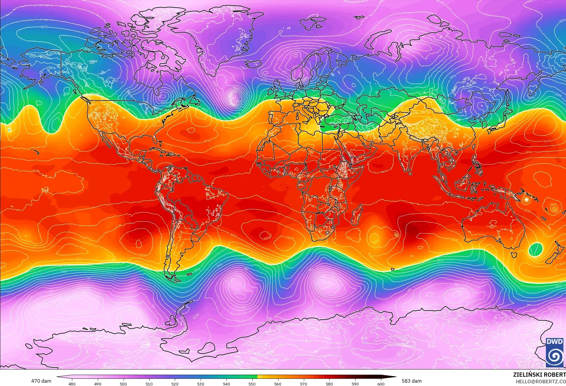 ICON modelo - Mundo, Altura geopotencial a 500 hPa