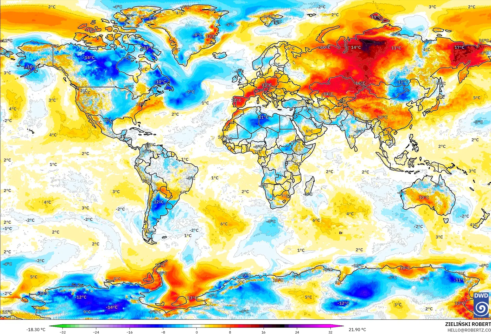 ICON modelo - Mundo, Anomalía de temperatura a 2 m
