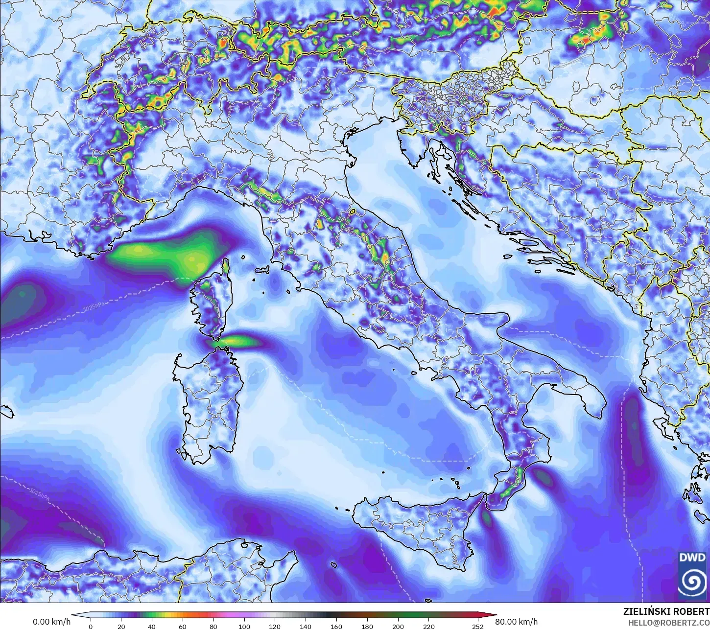ICON modelo - Italia, Ráfagas de Viento Máximas