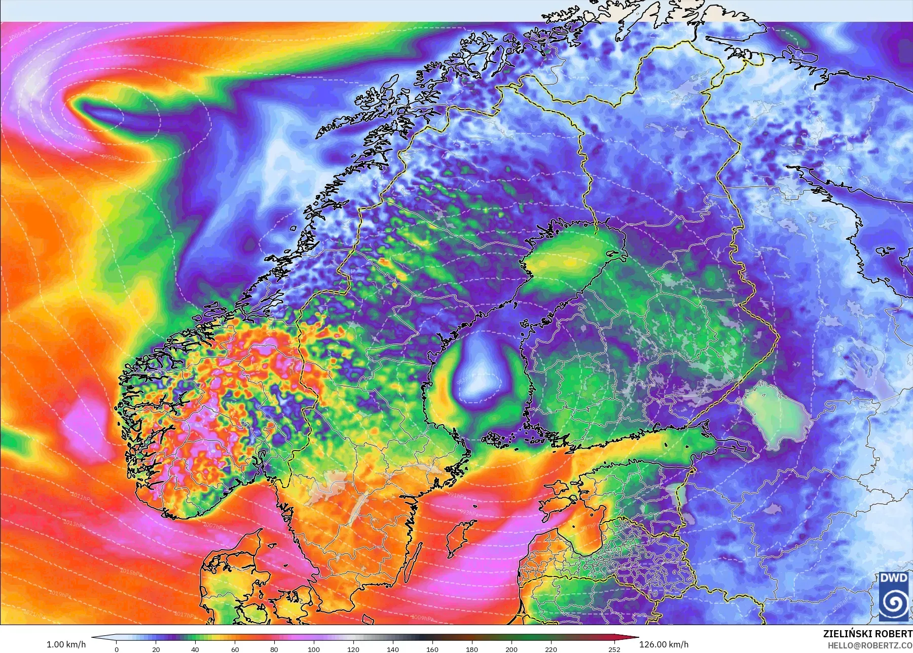 ICON modelo - Escandinavia, Ráfagas de Viento Máximas