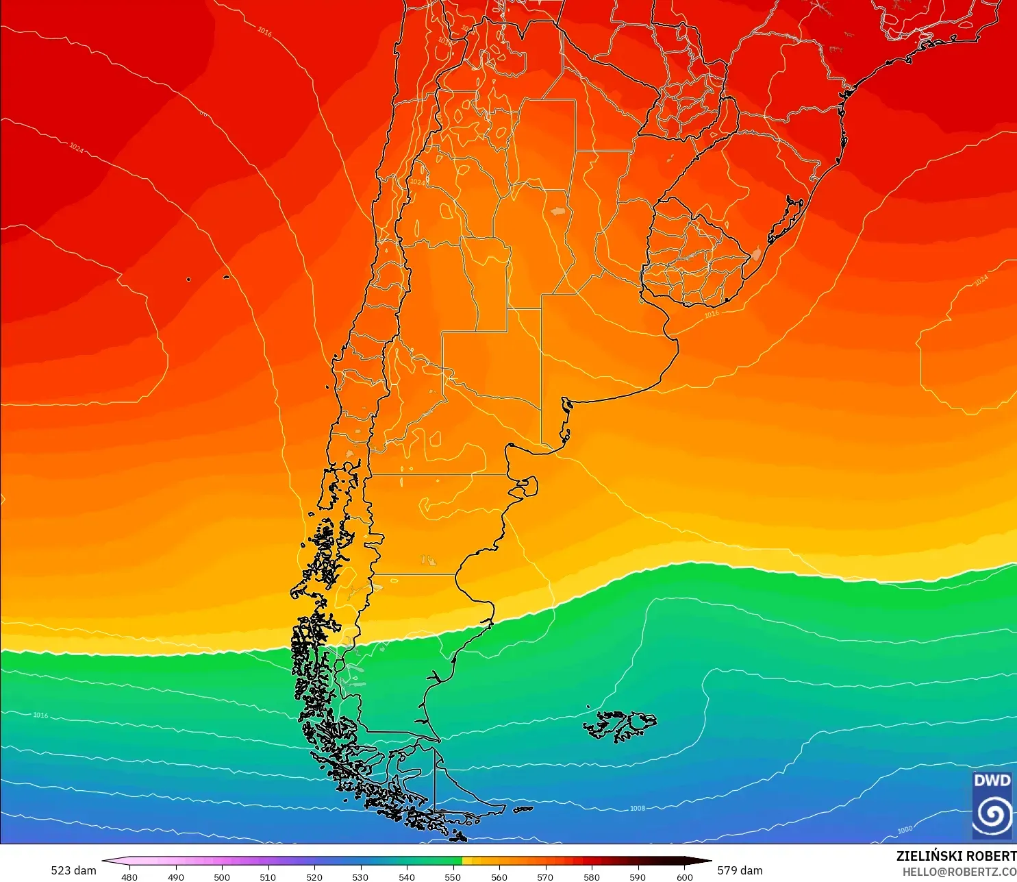 ICON modelo - Argentina, Altura geopotencial a 500 hPa