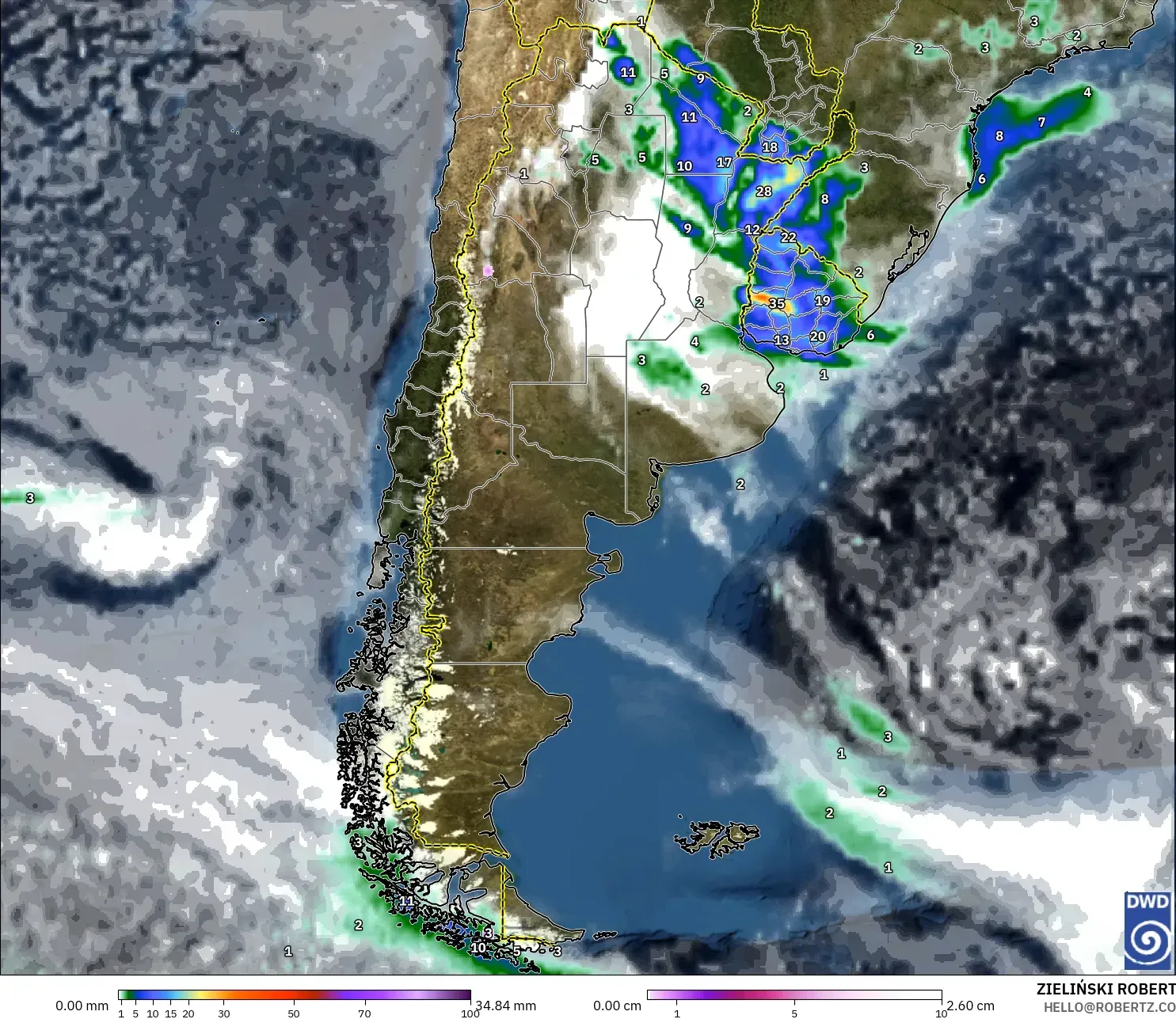 ICON modelo - Argentina, Precipitación, nubes y presión