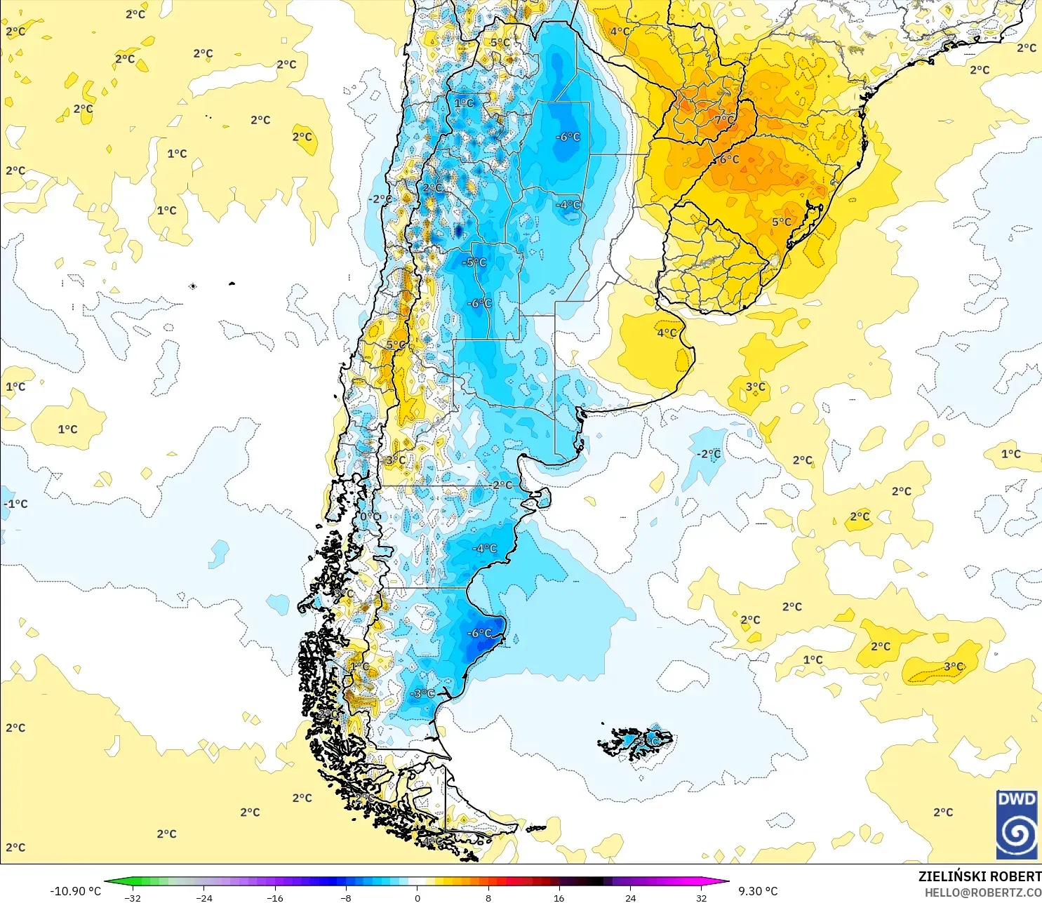 ICON modelo - Argentina, Anomalía de temperatura a 2 m