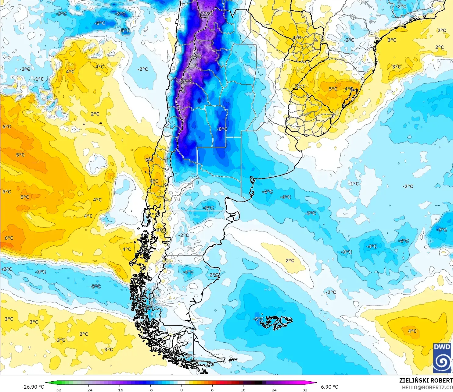 ICON modelo - Argentina, Anomalía de temperatura a 850 hPa
