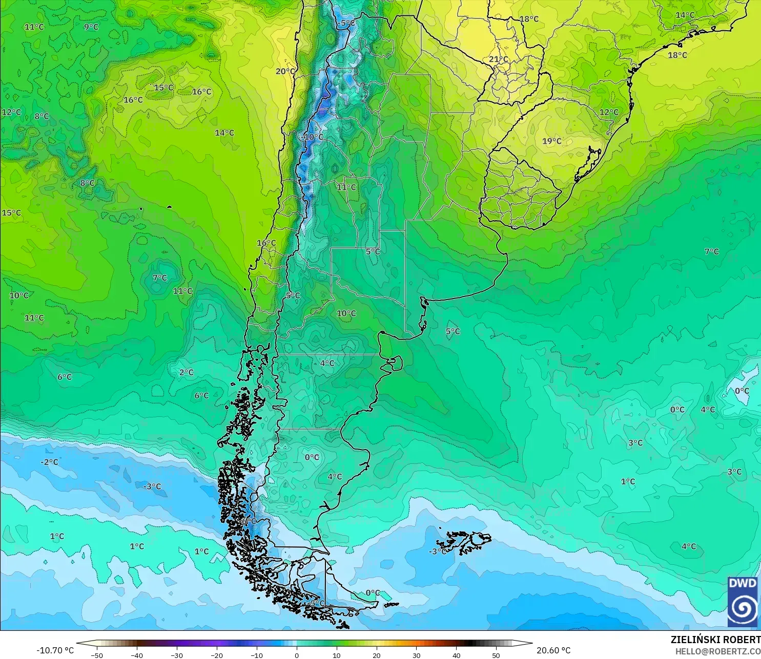 ICON modelo - Argentina, Temperatura a 850 hPa