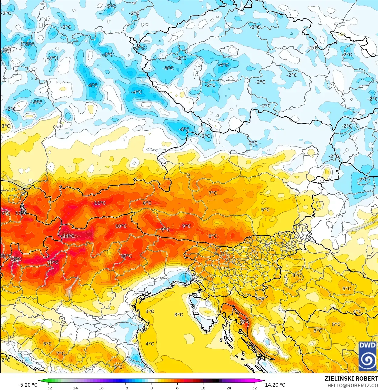 ICON modelo - Austria, Anomalía de temperatura a 2 m