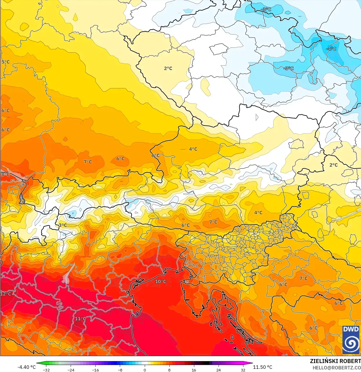 ICON modelo - Austria, Anomalía de temperatura a 850 hPa