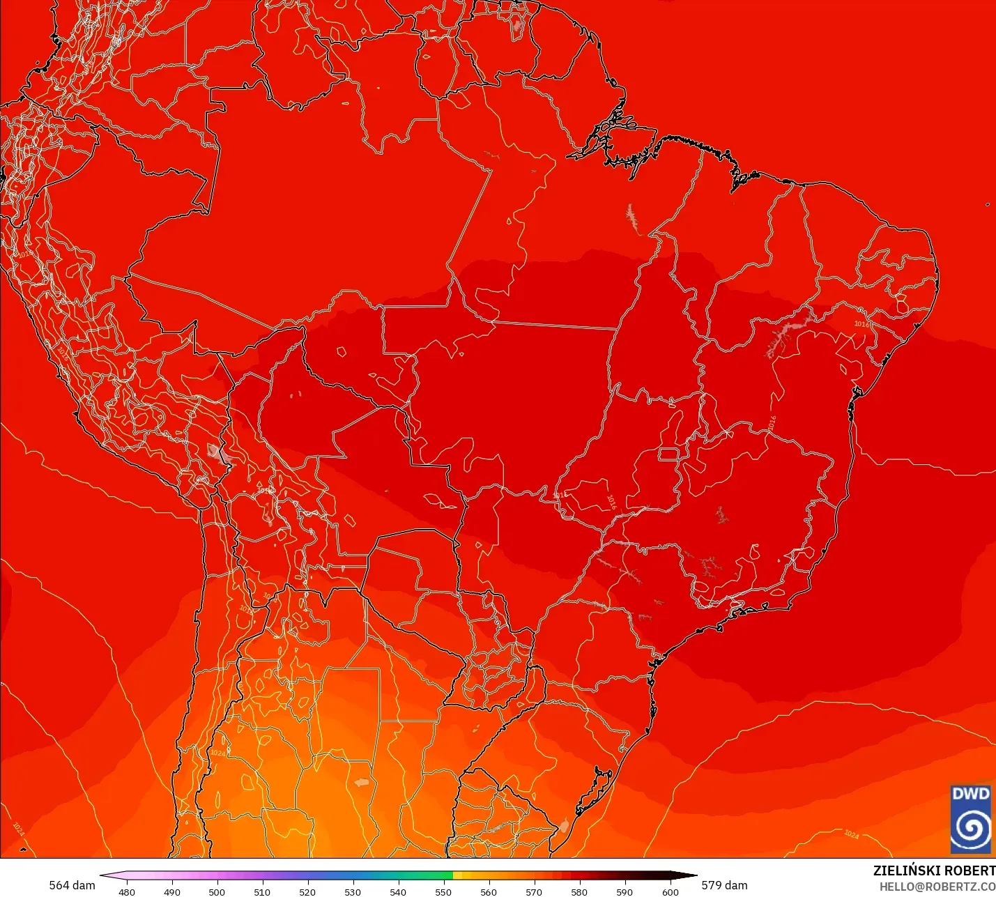ICON modelo - Brasil, Altura geopotencial a 500 hPa