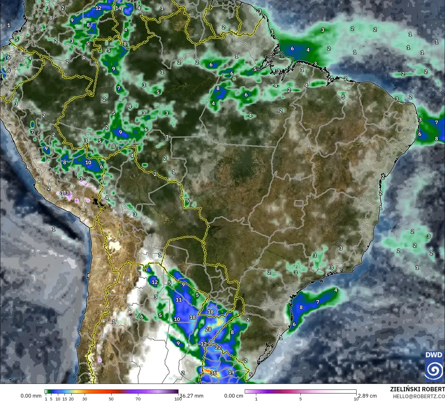 ICON modelo - Brasil, Precipitación, nubes y presión