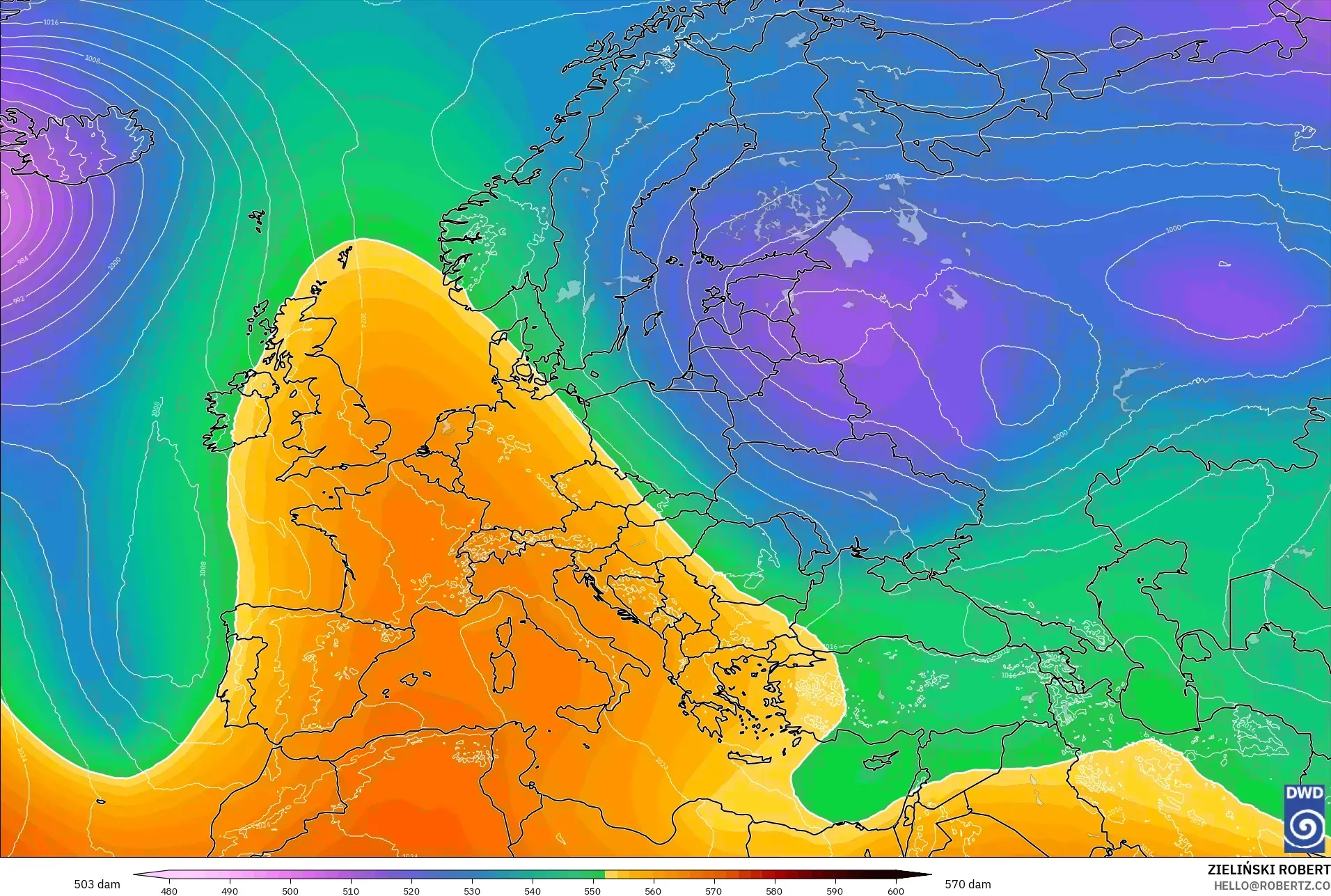 ICON modelo - Europa, Altura geopotencial a 500 hPa