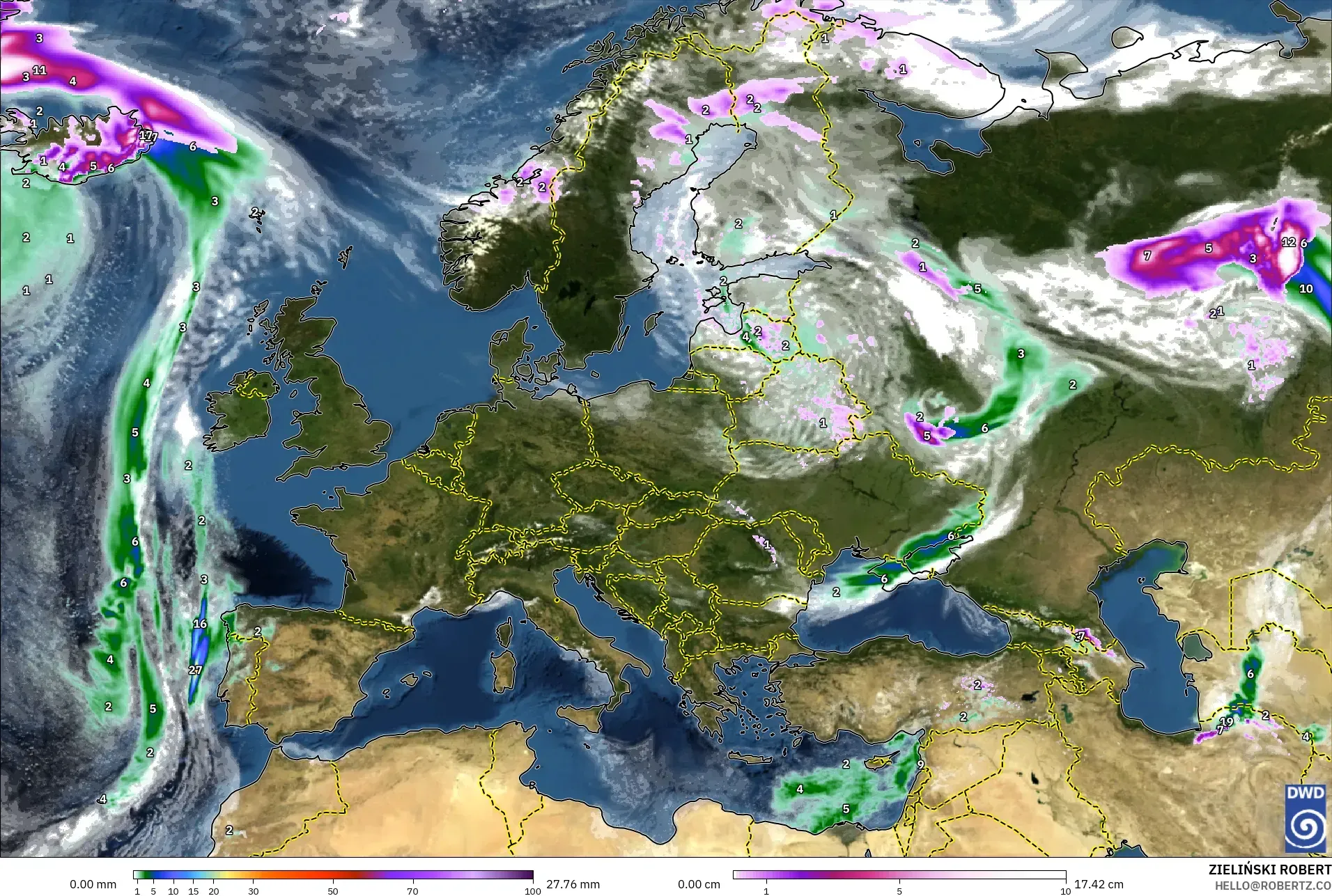 ICON modelo - Europa, Precipitación, nubes y presión