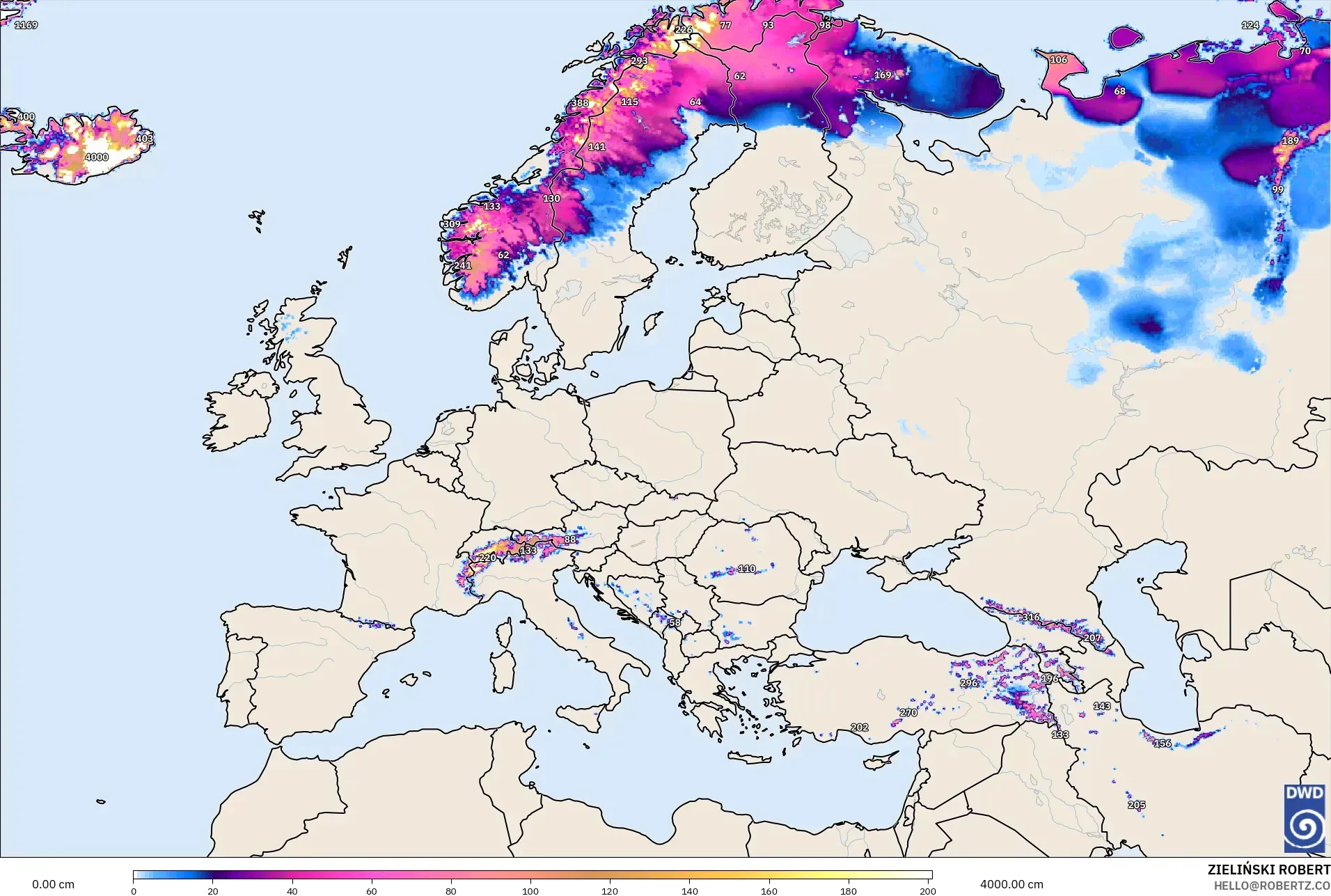 ICON modelo - Europa, Profundidad de nieve