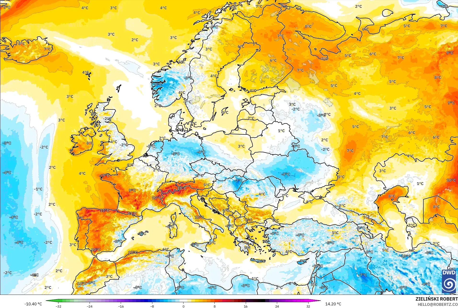 ICON modelo - Europa, Anomalía de temperatura a 2 m