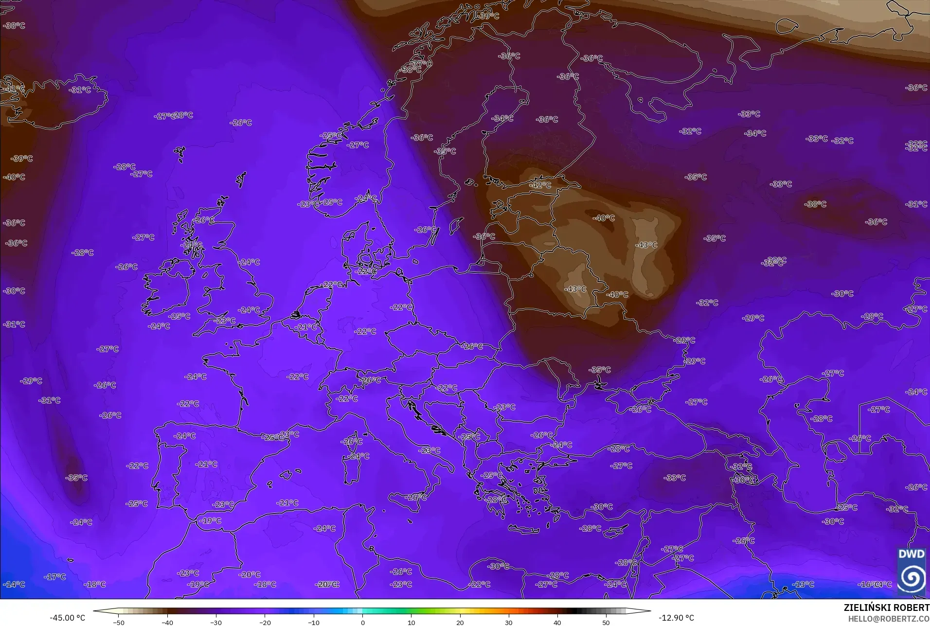 ICON modelo - Europa, Temperatura a 500 hPa