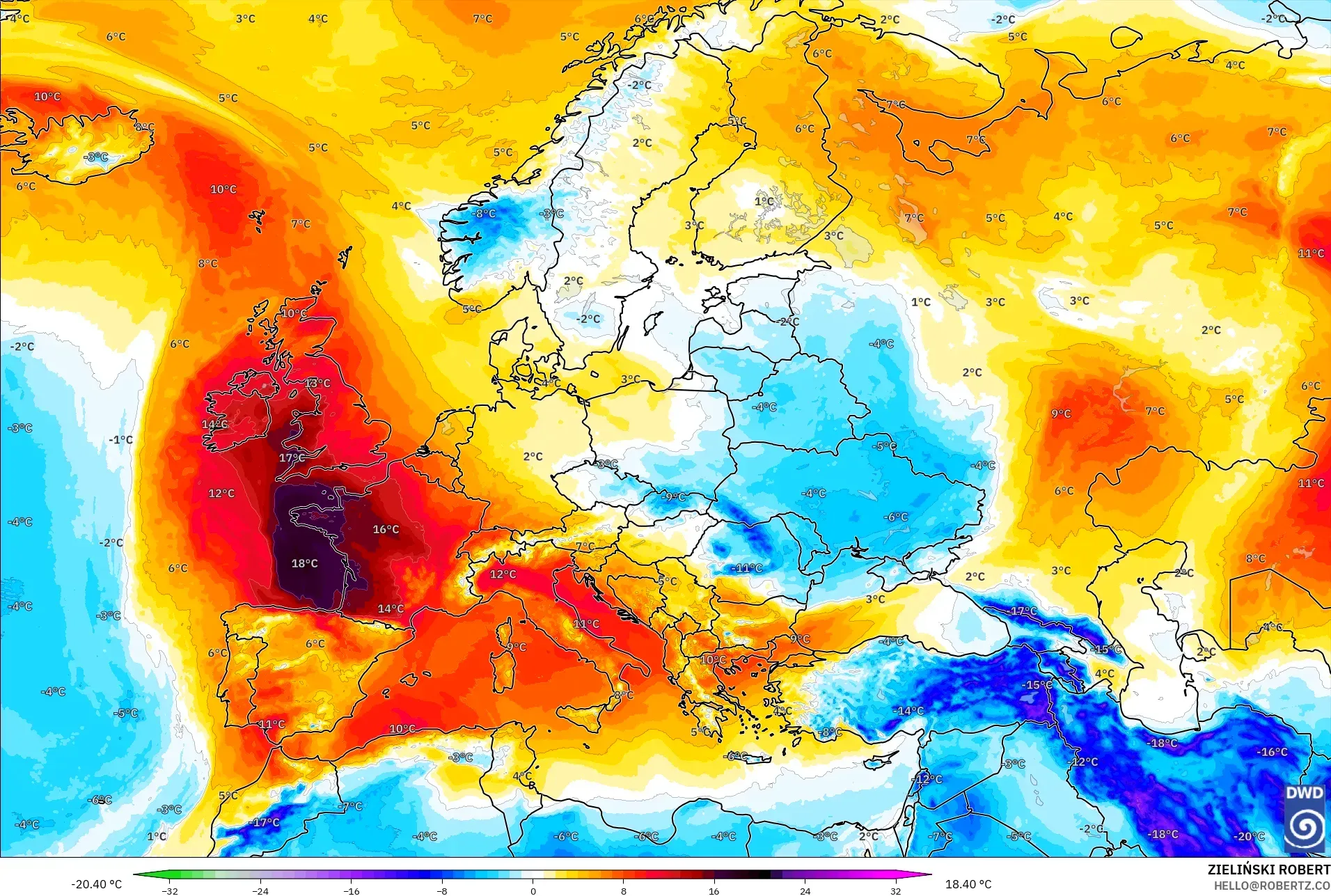 ICON modelo - Europa, Anomalía de temperatura a 850 hPa