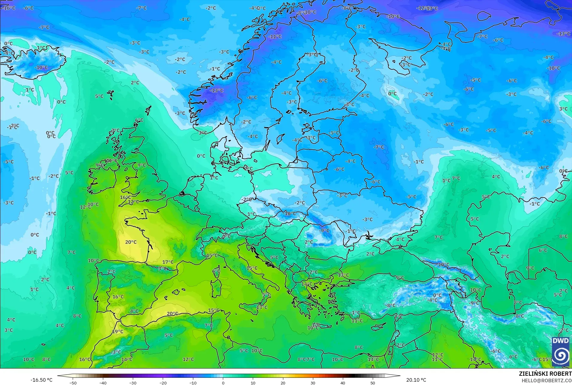ICON modelo - Europa, Temperatura a 850 hPa