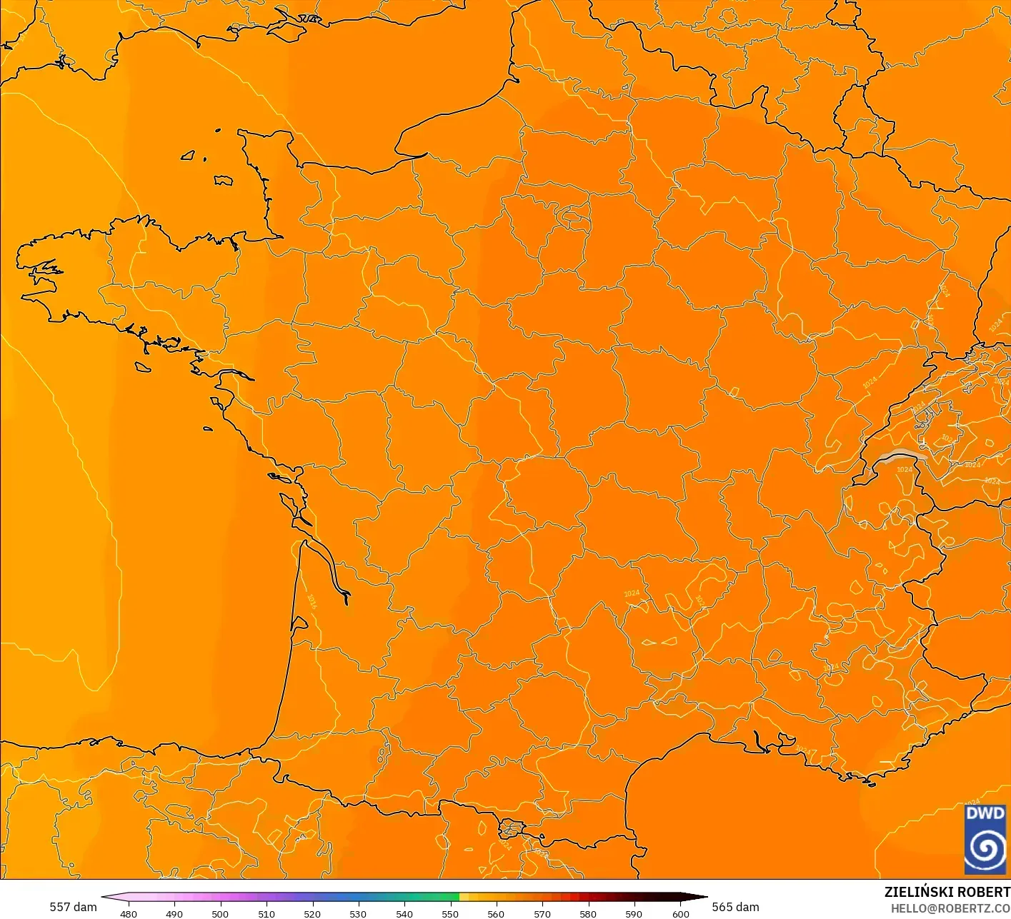 ICON modelo - Francia, Altura geopotencial a 500 hPa