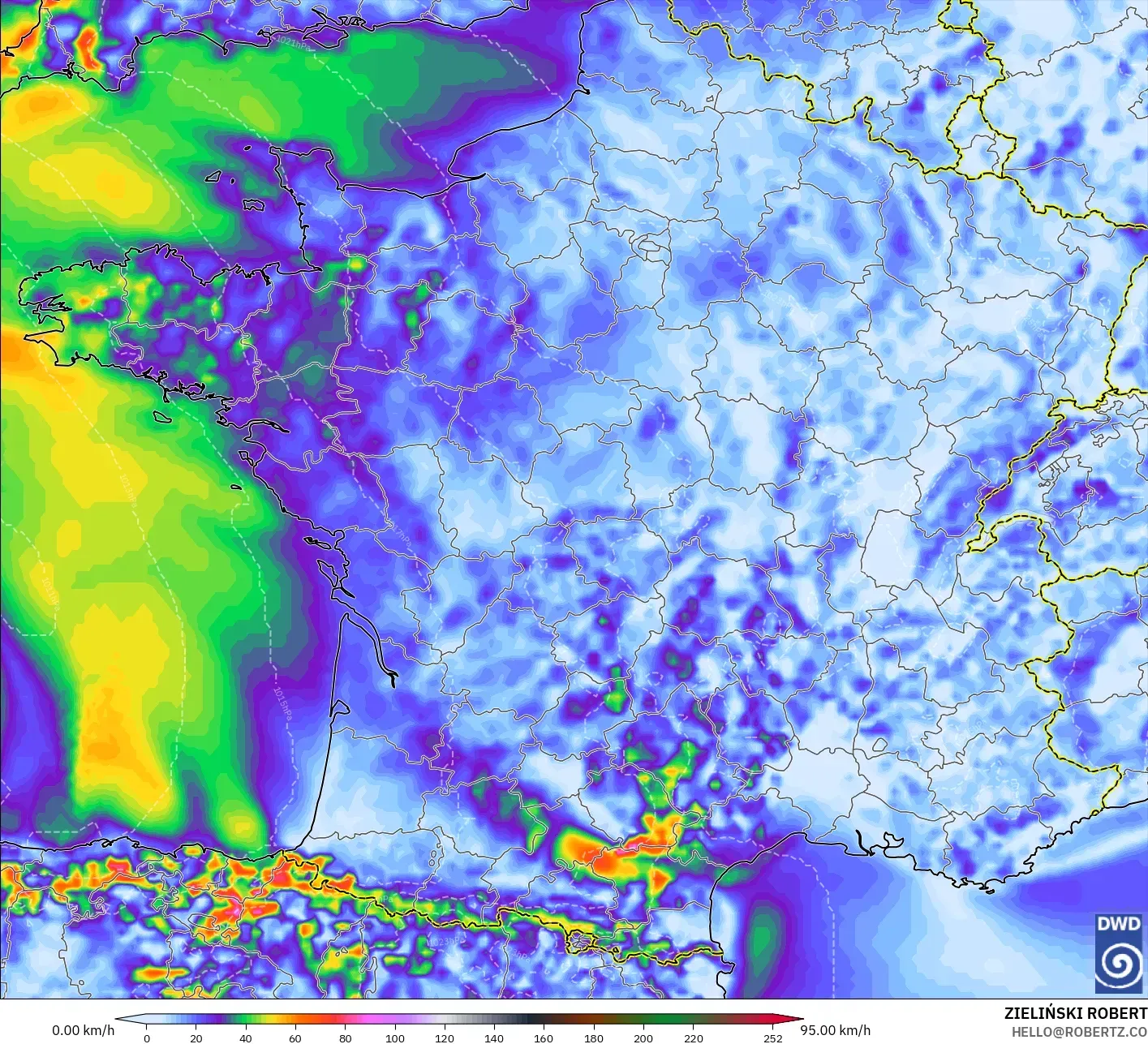 ICON modelo - Francia, Ráfagas de Viento Máximas