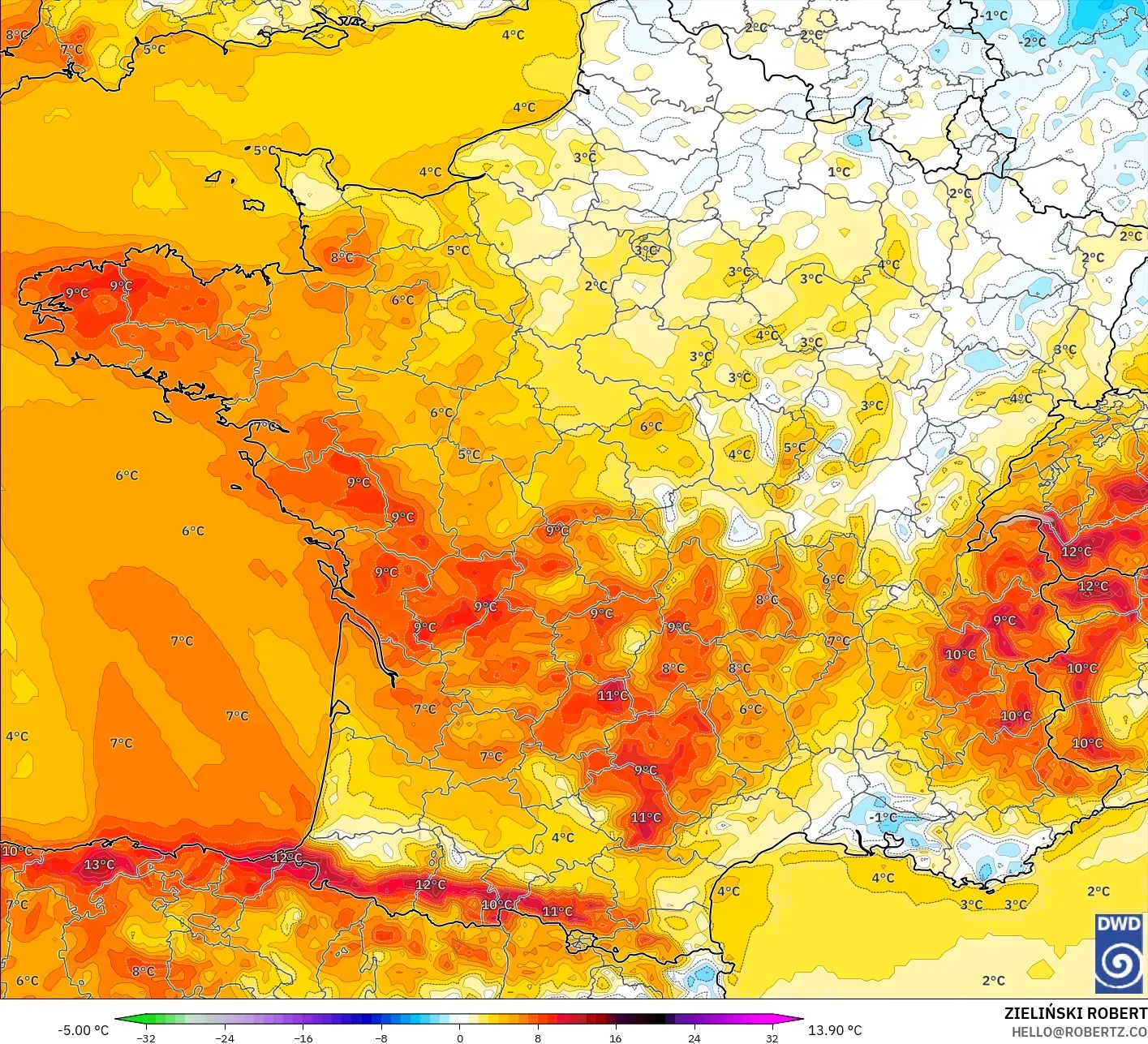 ICON modelo - Francia, Anomalía de temperatura a 2 m
