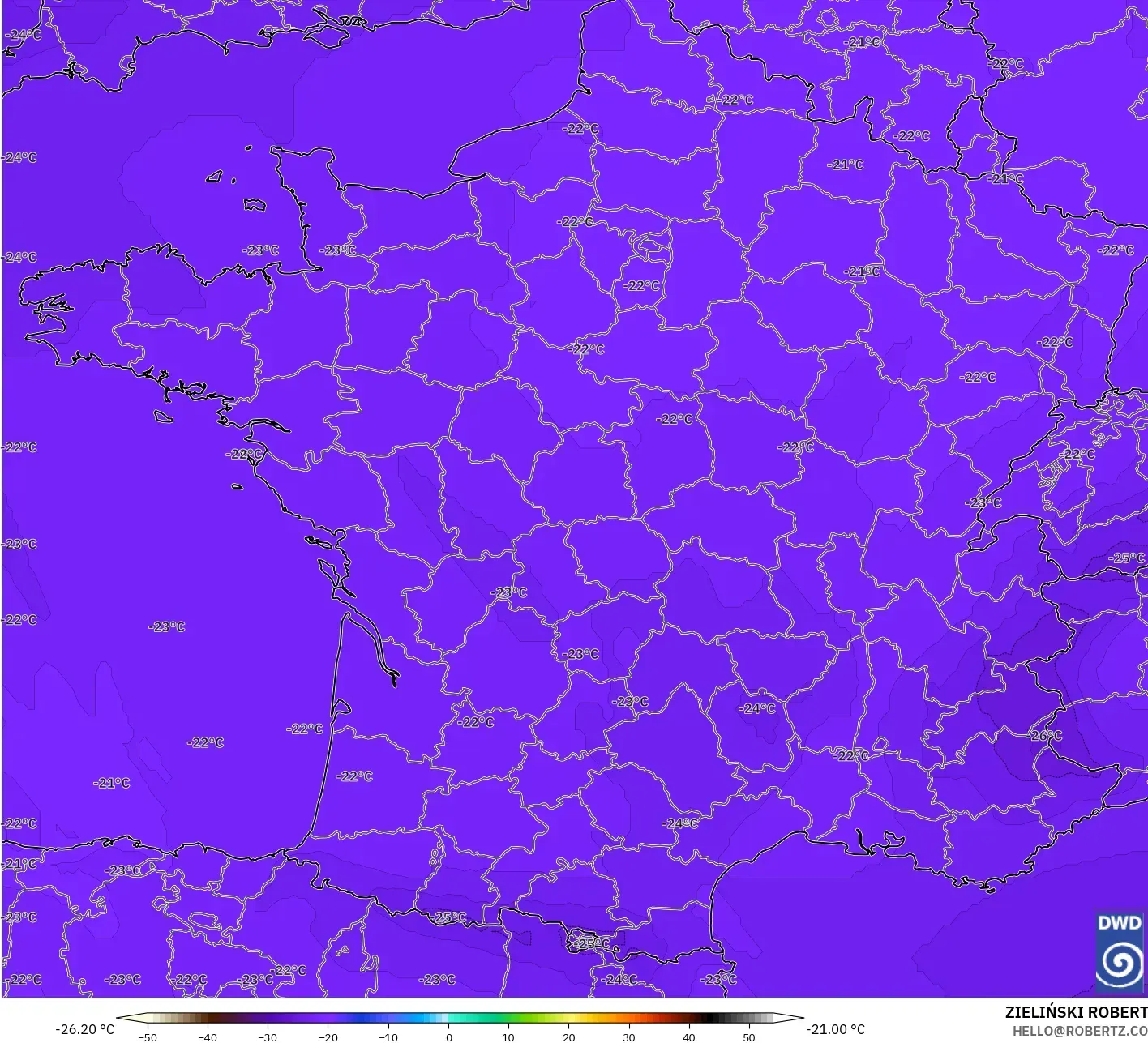 ICON modelo - Francia, Temperatura a 500 hPa