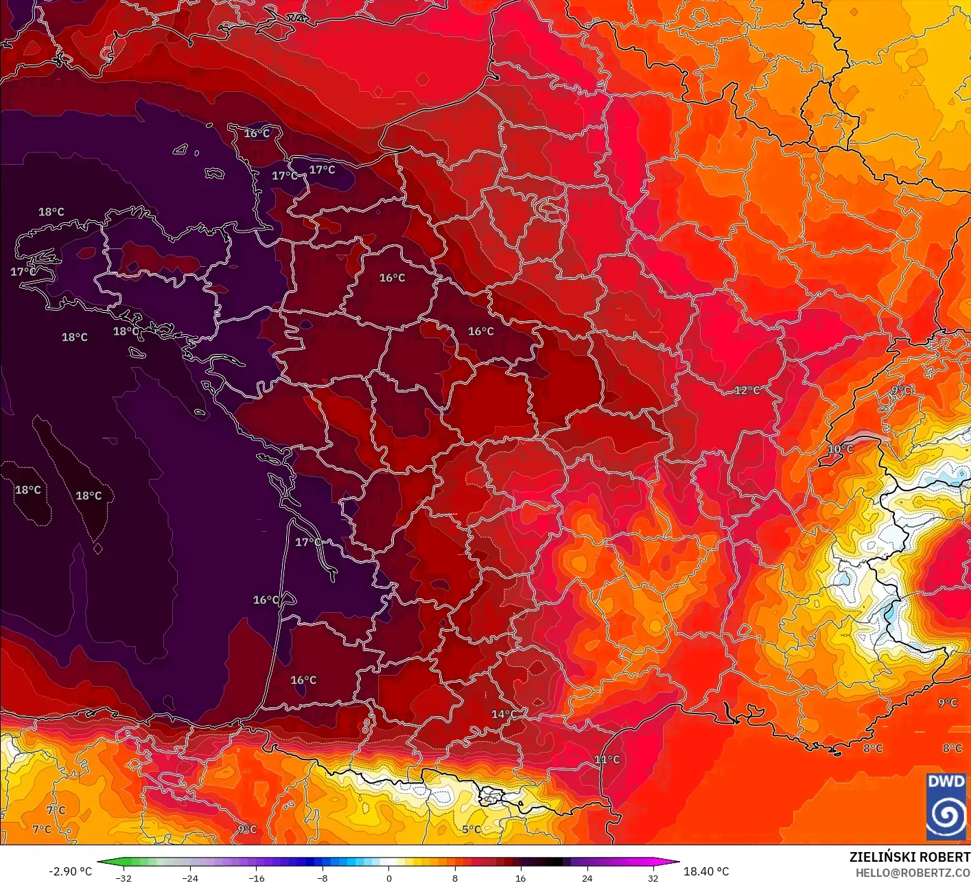 ICON modelo - Francia, Anomalía de temperatura a 850 hPa