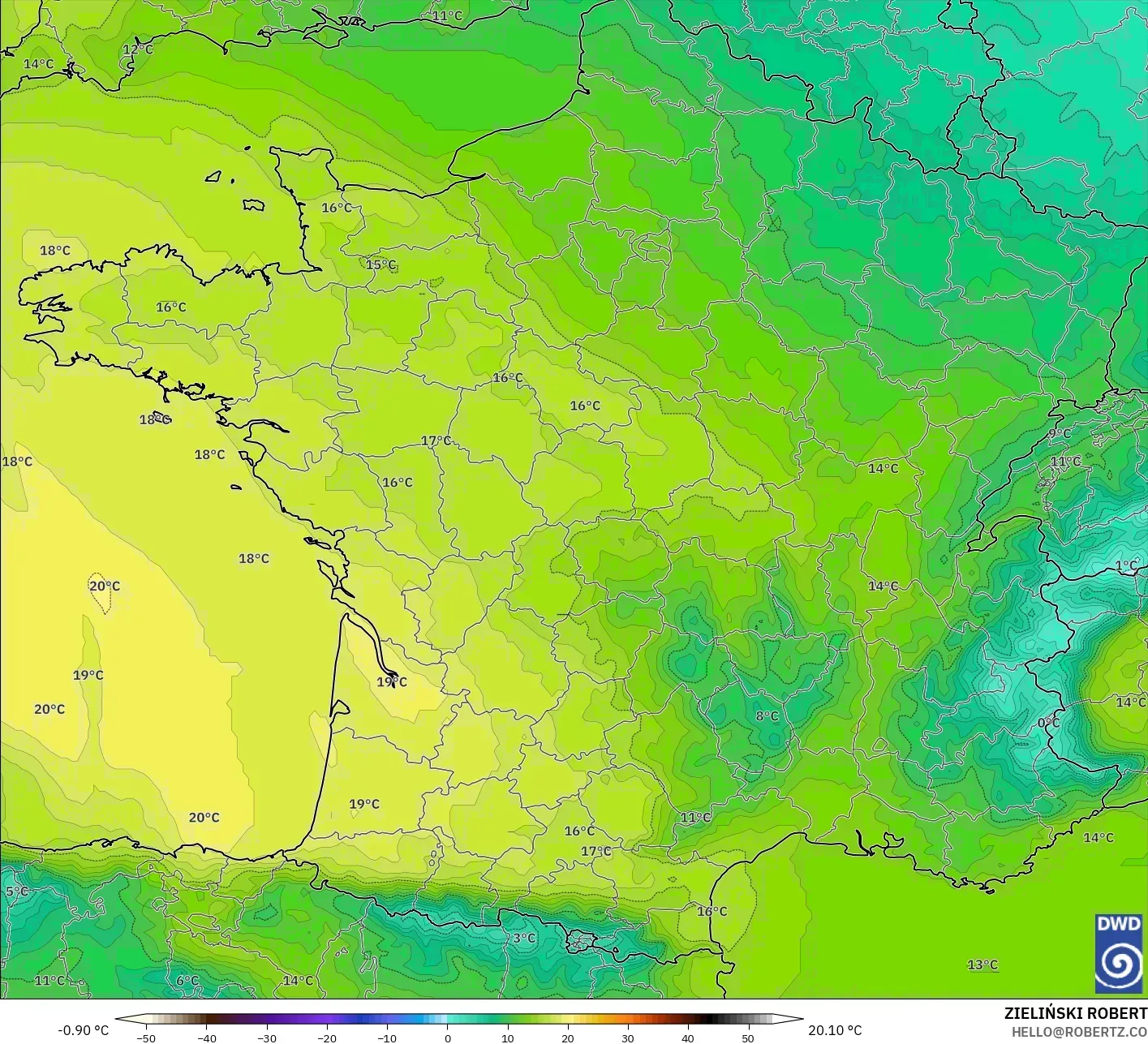 ICON modelo - Francia, Temperatura a 850 hPa