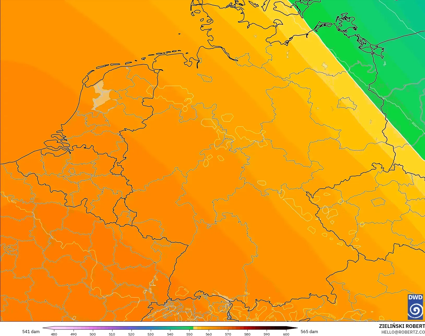 ICON modelo - Alemania, Altura geopotencial a 500 hPa