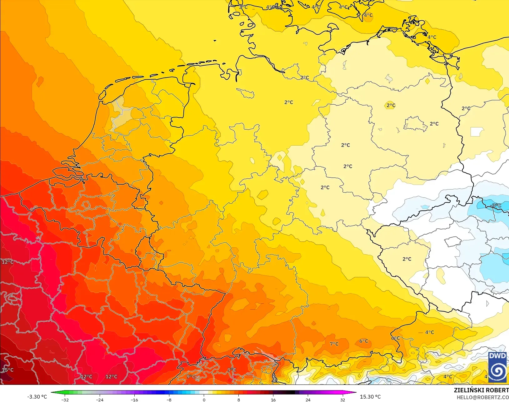 ICON modelo - Alemania, Anomalía de temperatura a 850 hPa