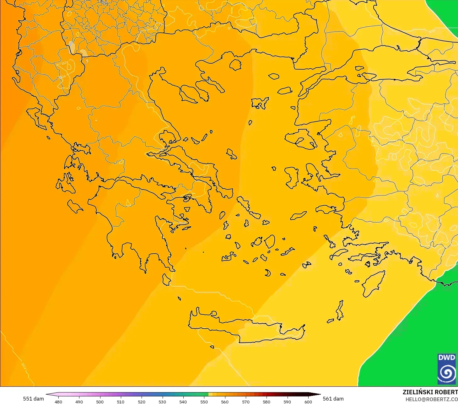 ICON modelo - Grecia, Altura geopotencial a 500 hPa
