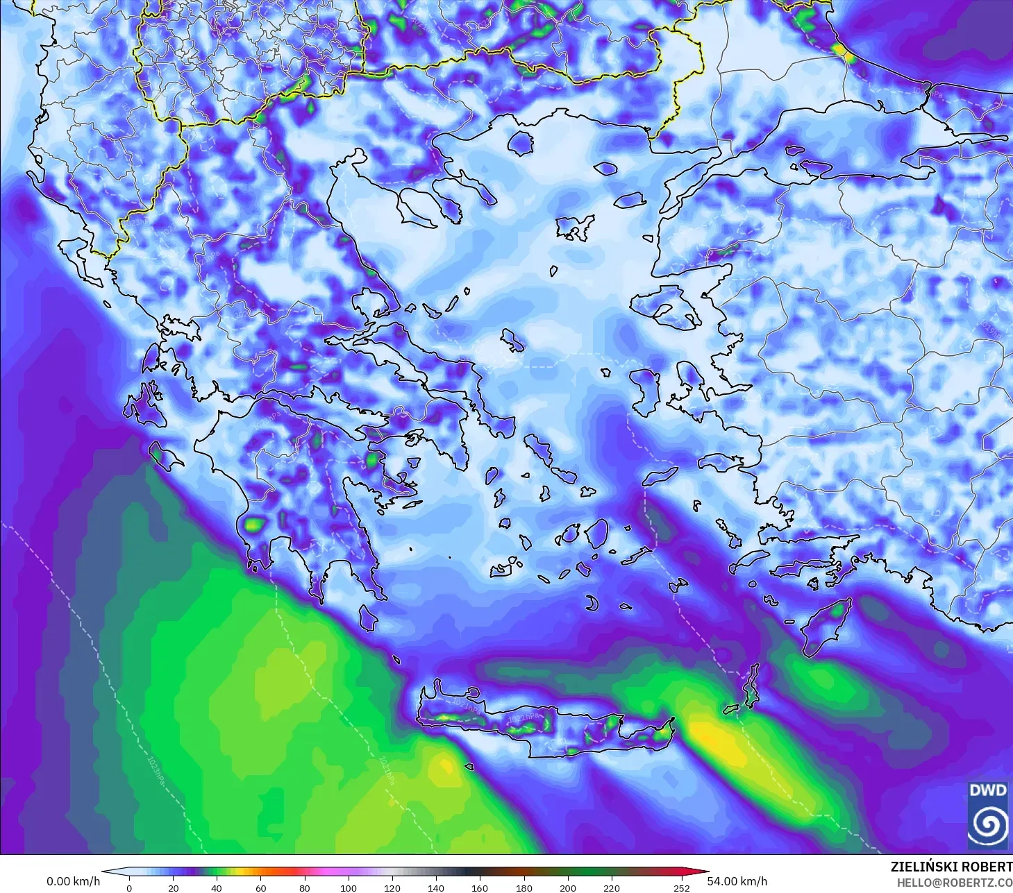 ICON modelo - Grecia, Ráfagas de viento