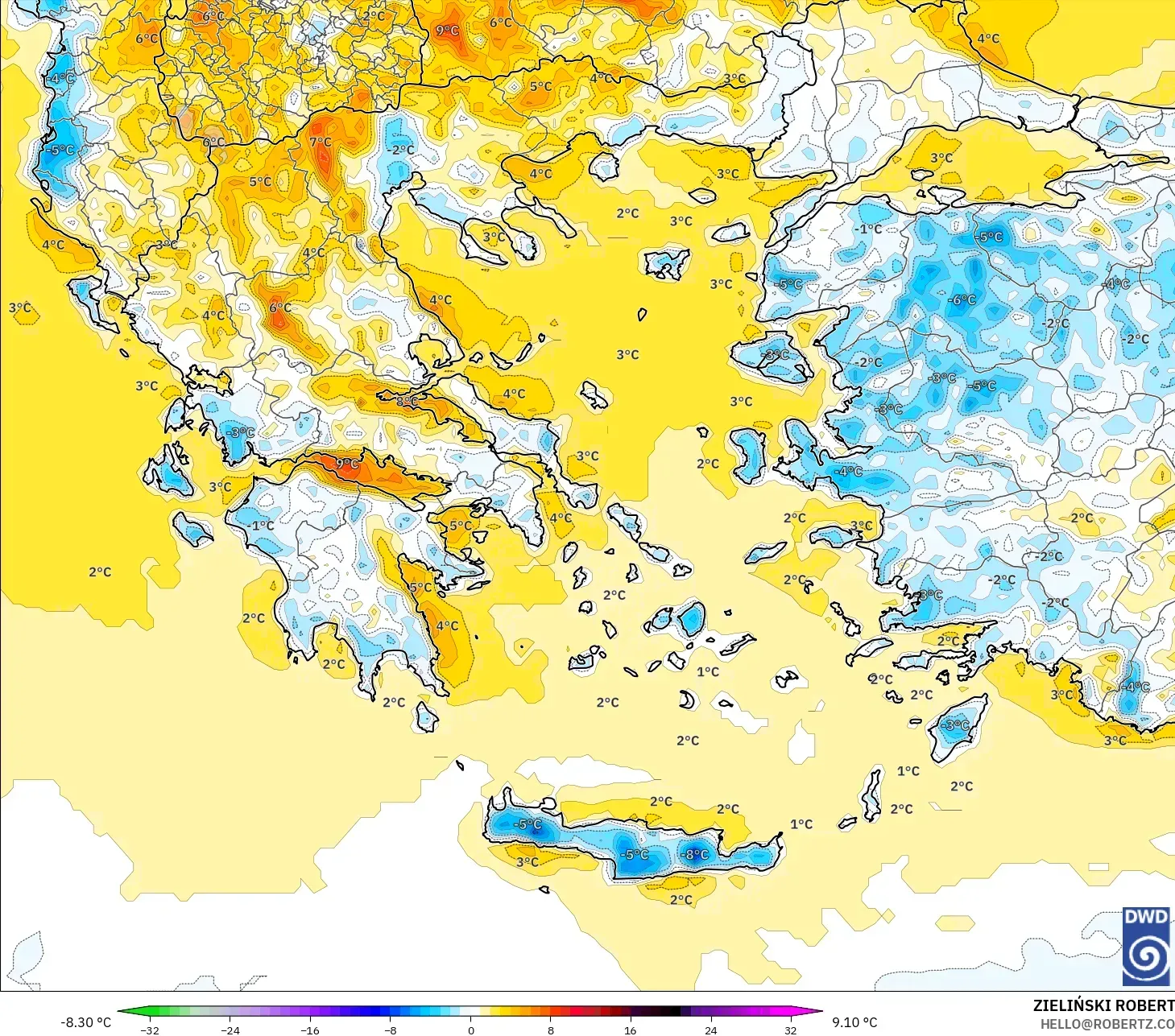 ICON modelo - Grecia, Anomalía de temperatura a 2 m
