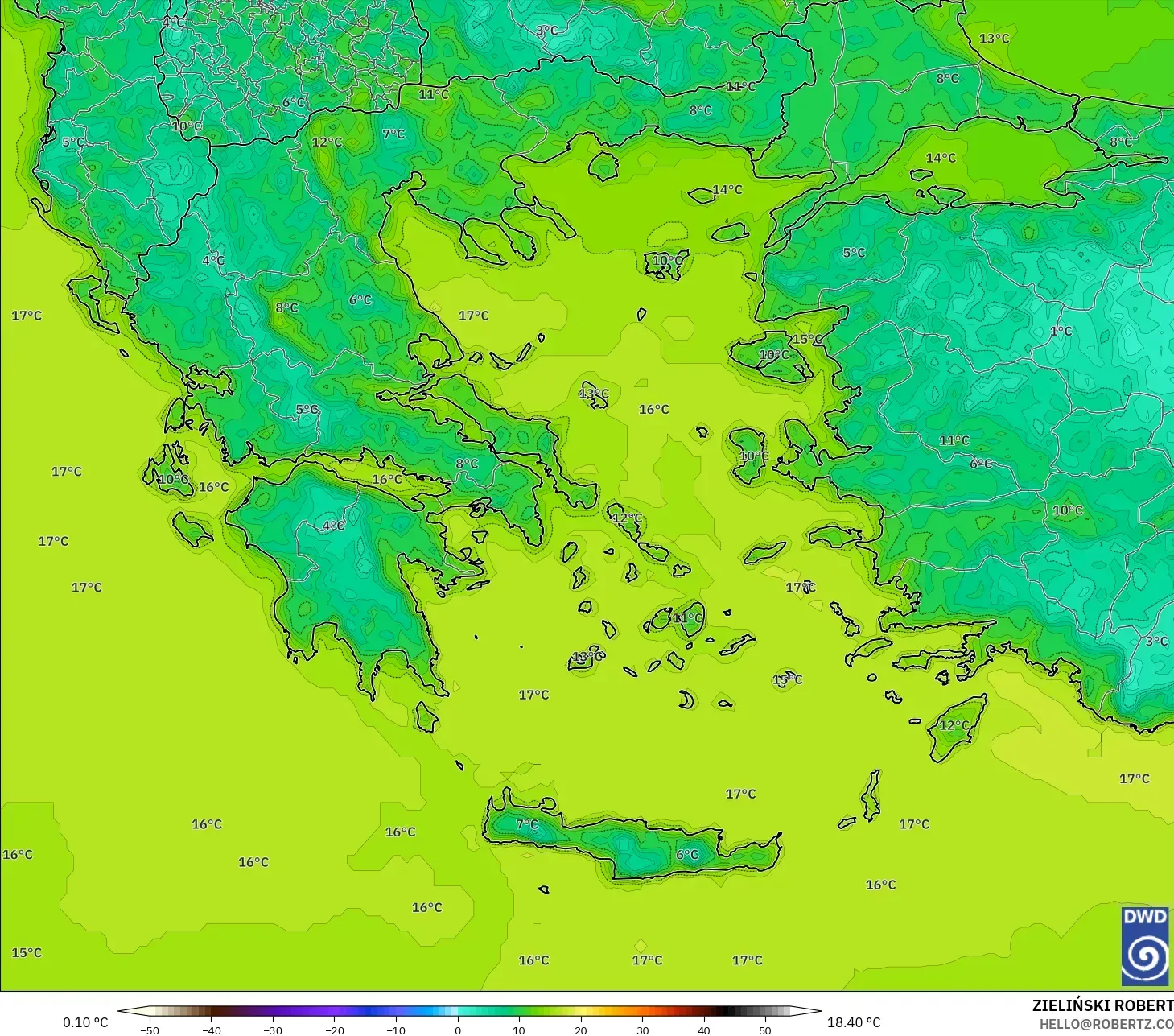 ICON modelo - Grecia, Temperatura a 2 m