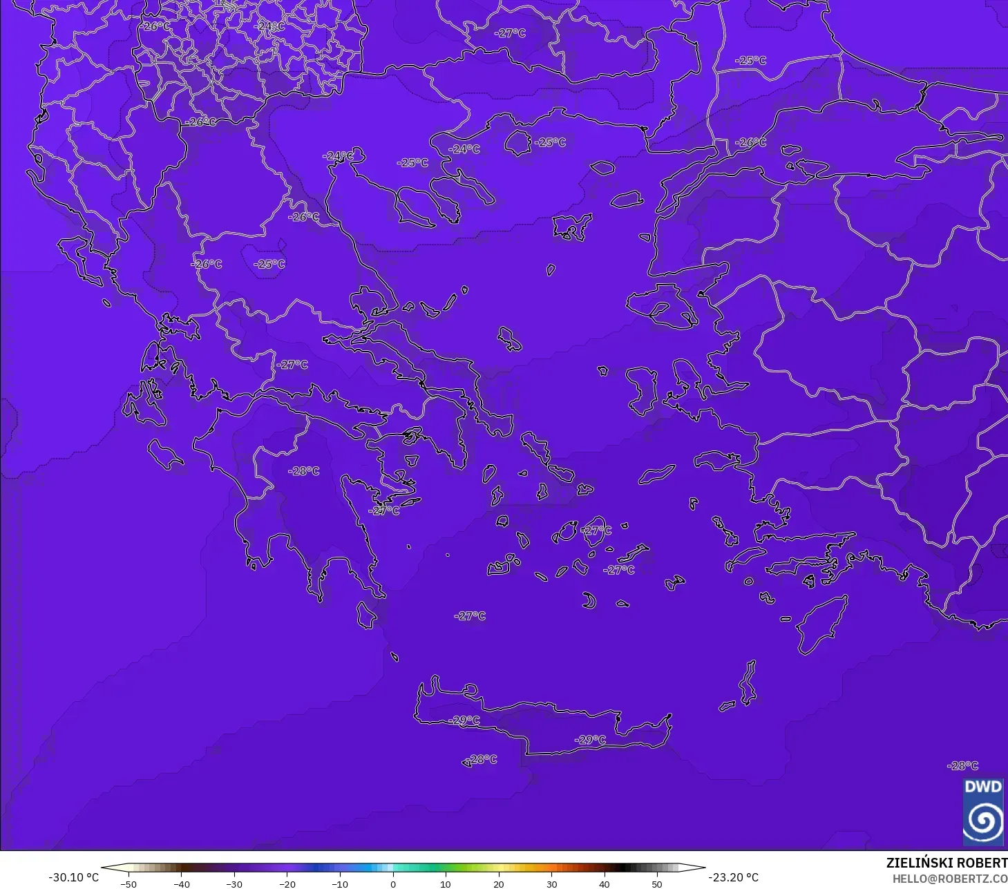 ICON modelo - Grecia, Temperatura a 500 hPa