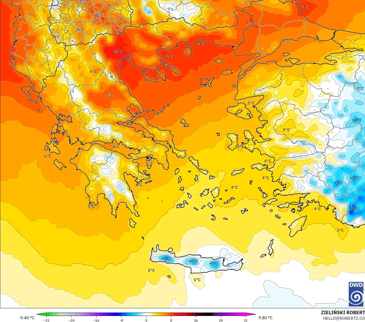 ICON modelo - Grecia, Anomalía de temperatura a 850 hPa
