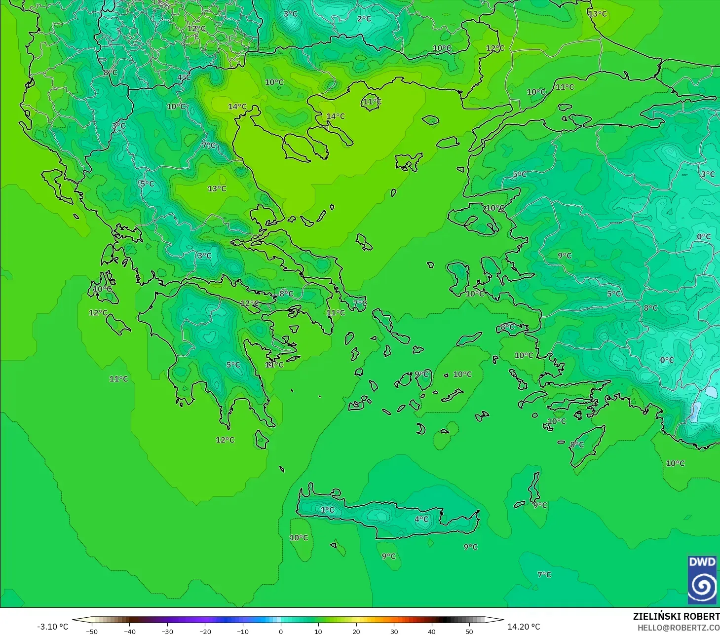 ICON modelo - Grecia, Temperatura a 850 hPa