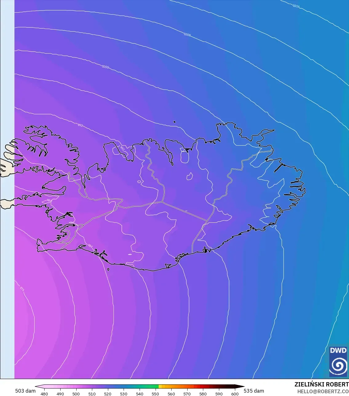 ICON modelo - Islandia, Altura geopotencial a 500 hPa