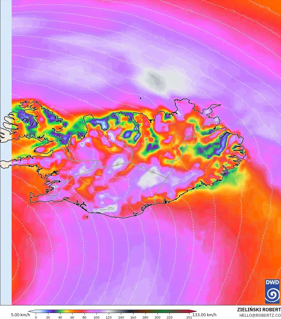 ICON modelo - Islandia, Ráfagas de Viento Máximas