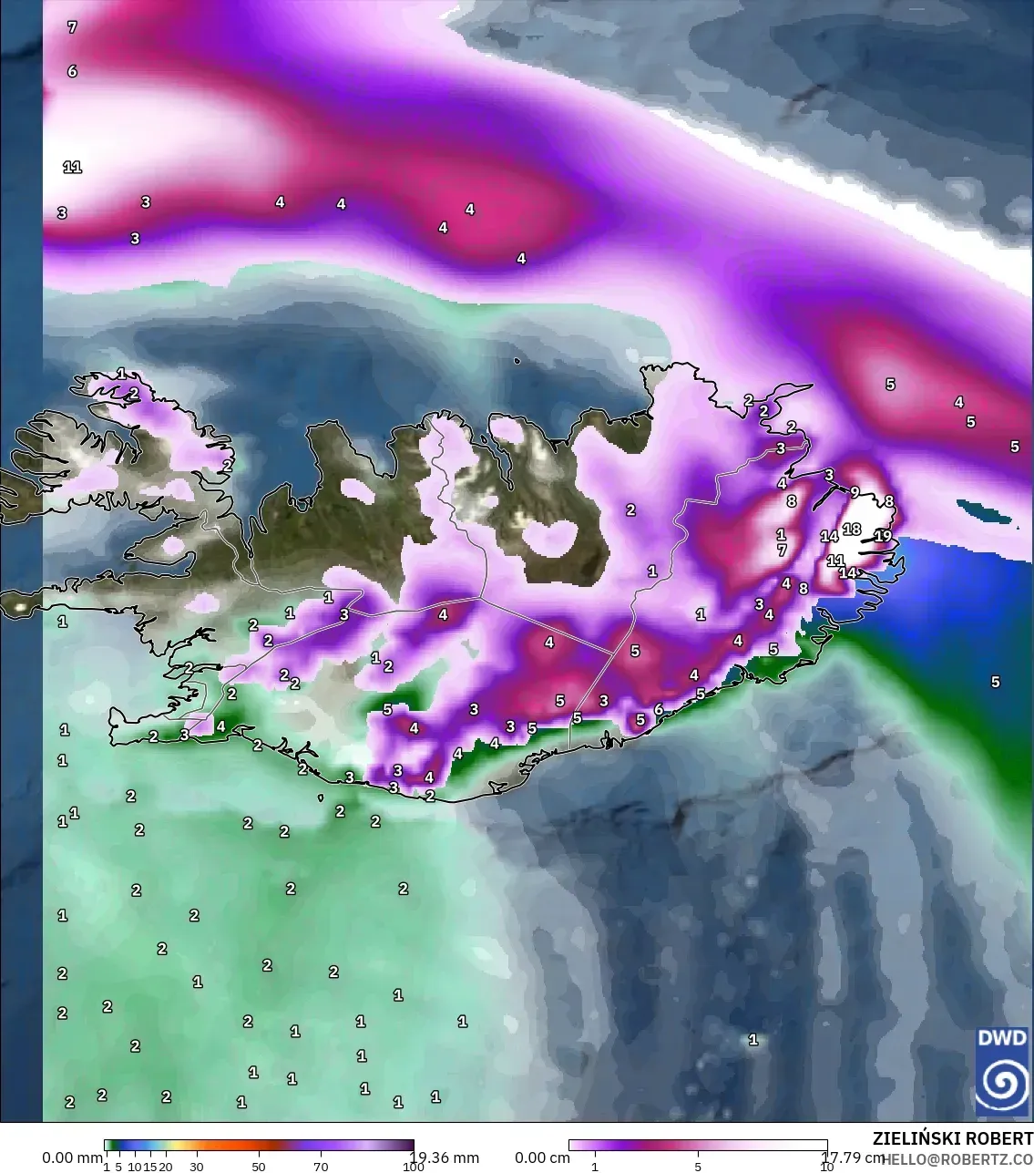 ICON modelo - Islandia, Precipitación, nubes y presión