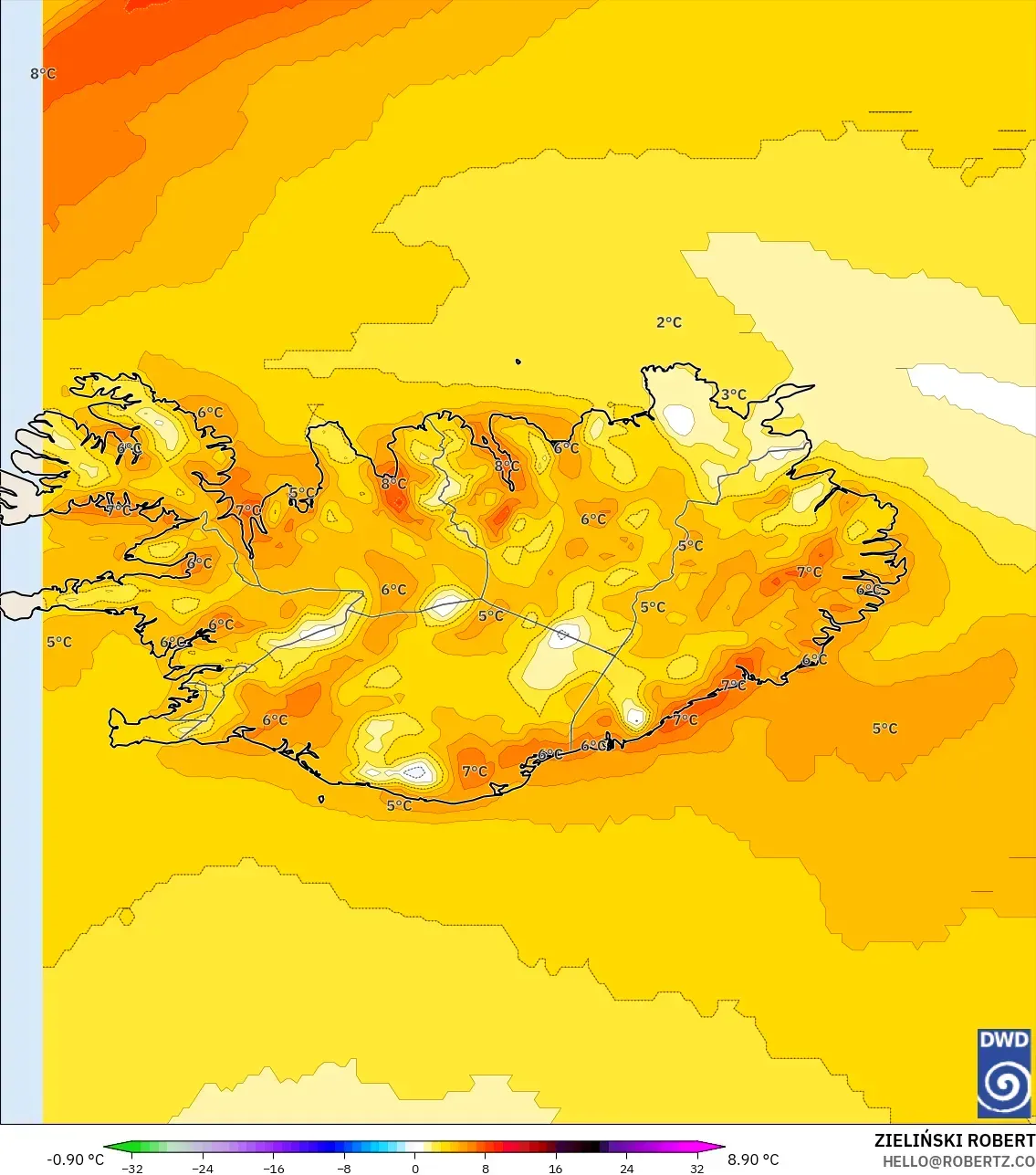 ICON modelo - Islandia, Anomalía de temperatura a 2 m