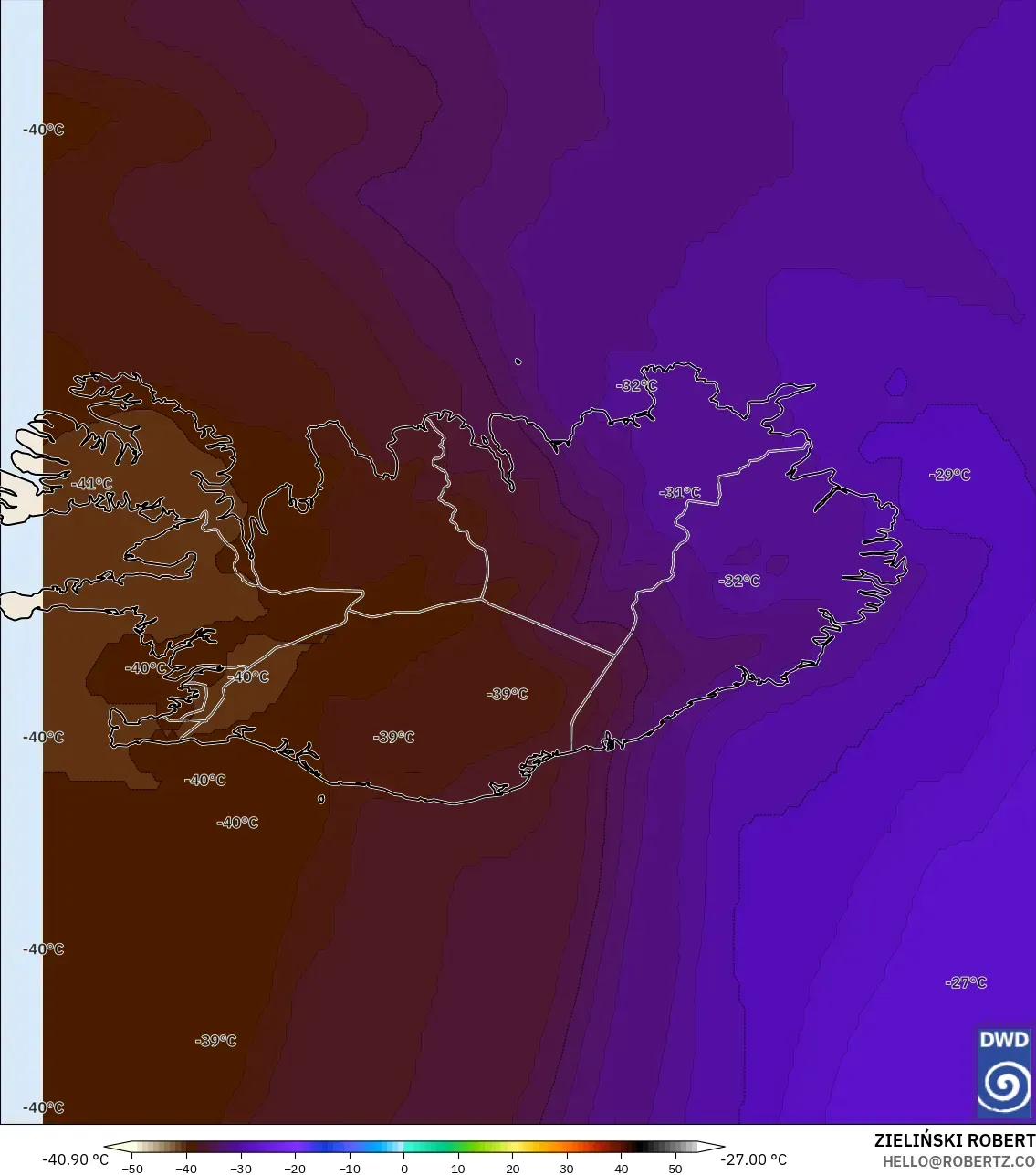 ICON modelo - Islandia, Temperatura a 500 hPa