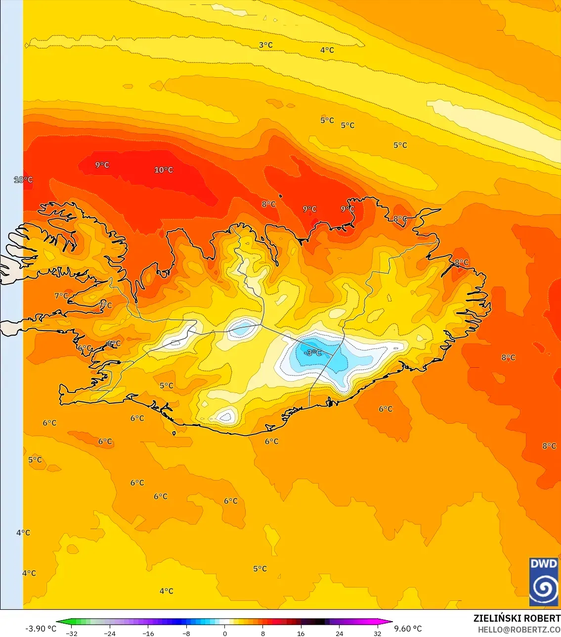 ICON modelo - Islandia, Anomalía de temperatura a 850 hPa
