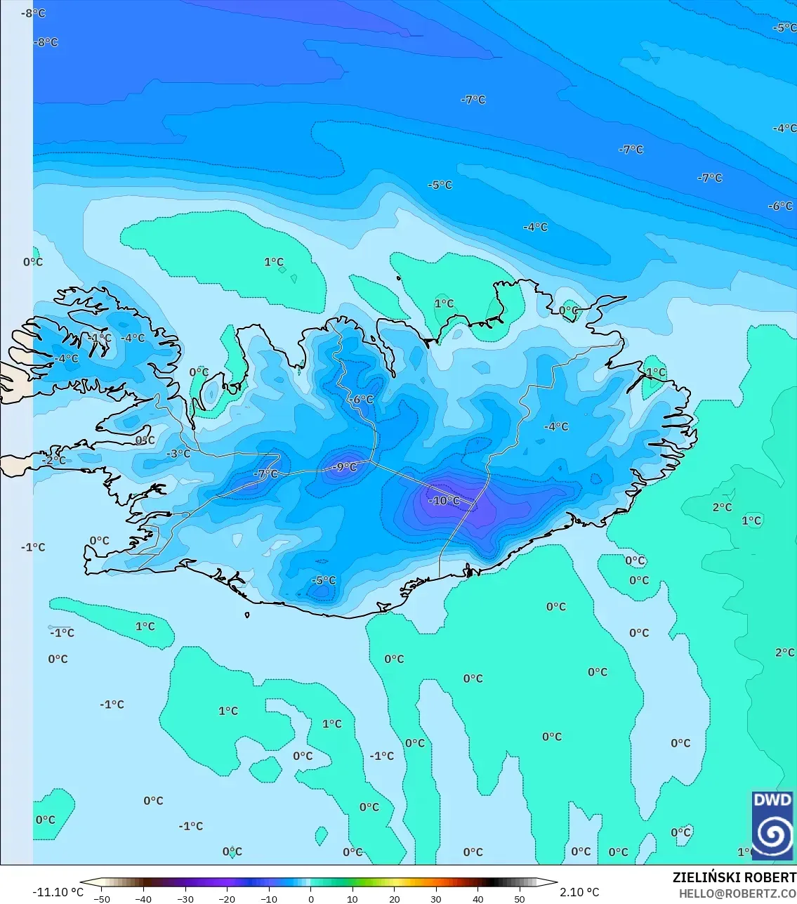 ICON modelo - Islandia, Temperatura a 850 hPa