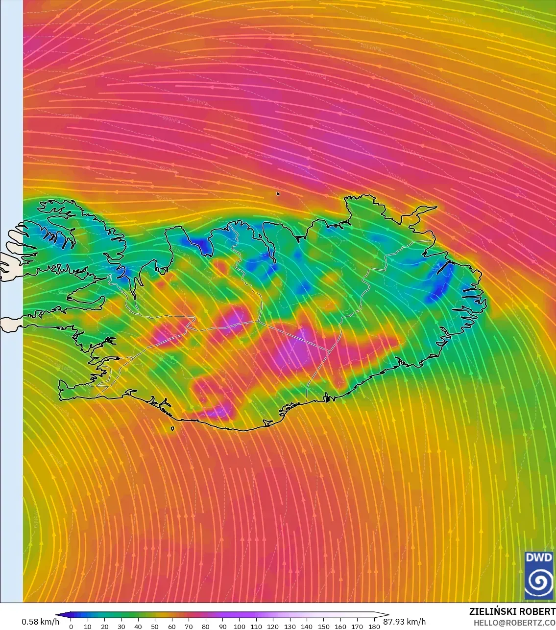 ICON modelo - Islandia, Viento a 10 m