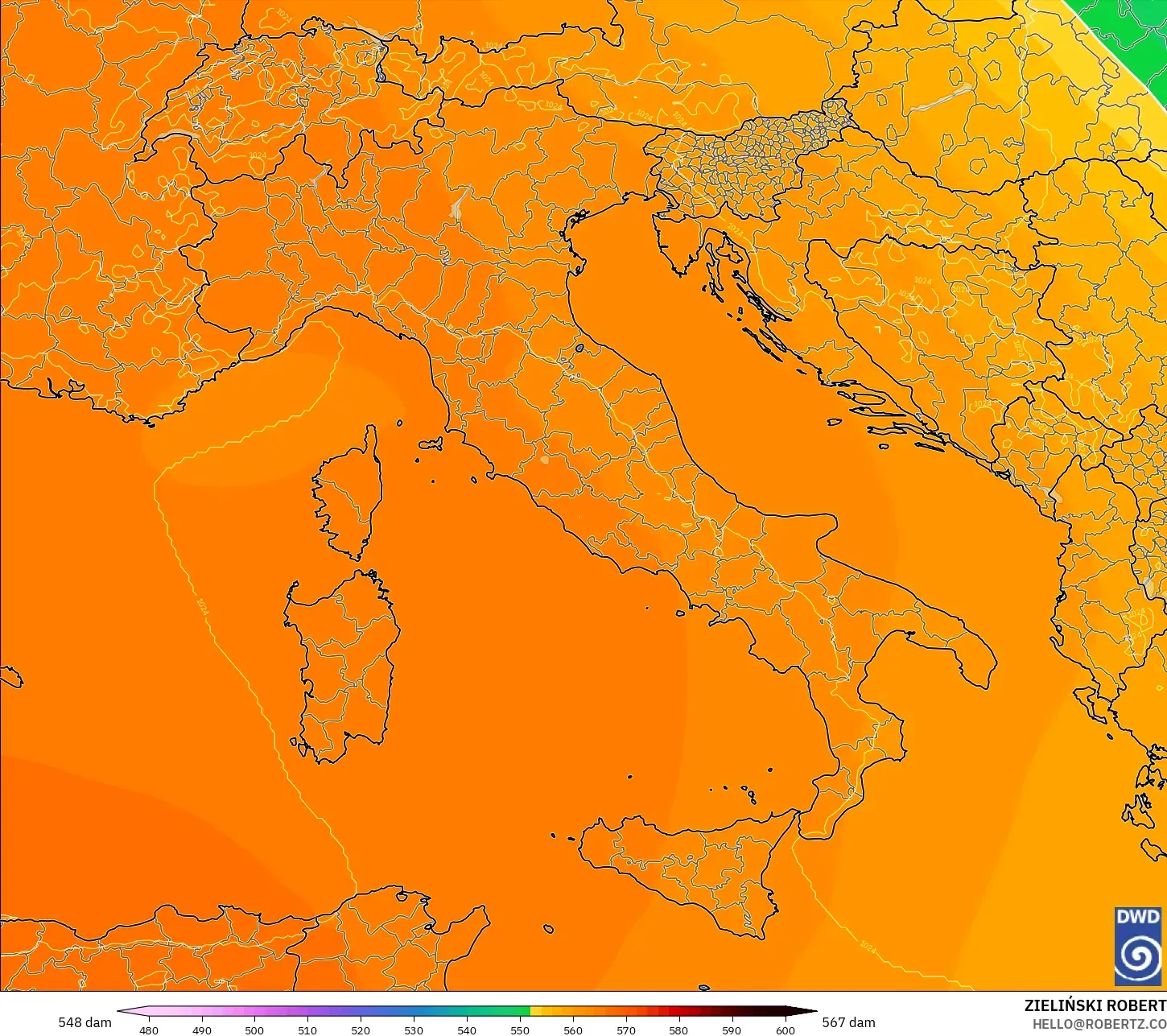 ICON modelo - Italia, Altura geopotencial a 500 hPa