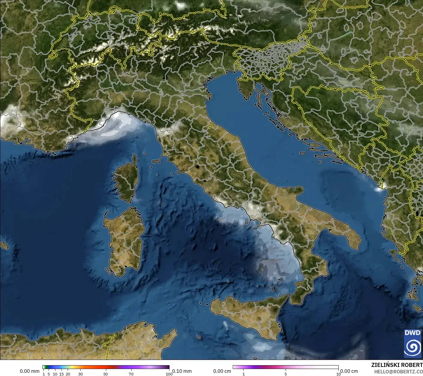 ICON modelo - Italia, Precipitación, nubes y presión